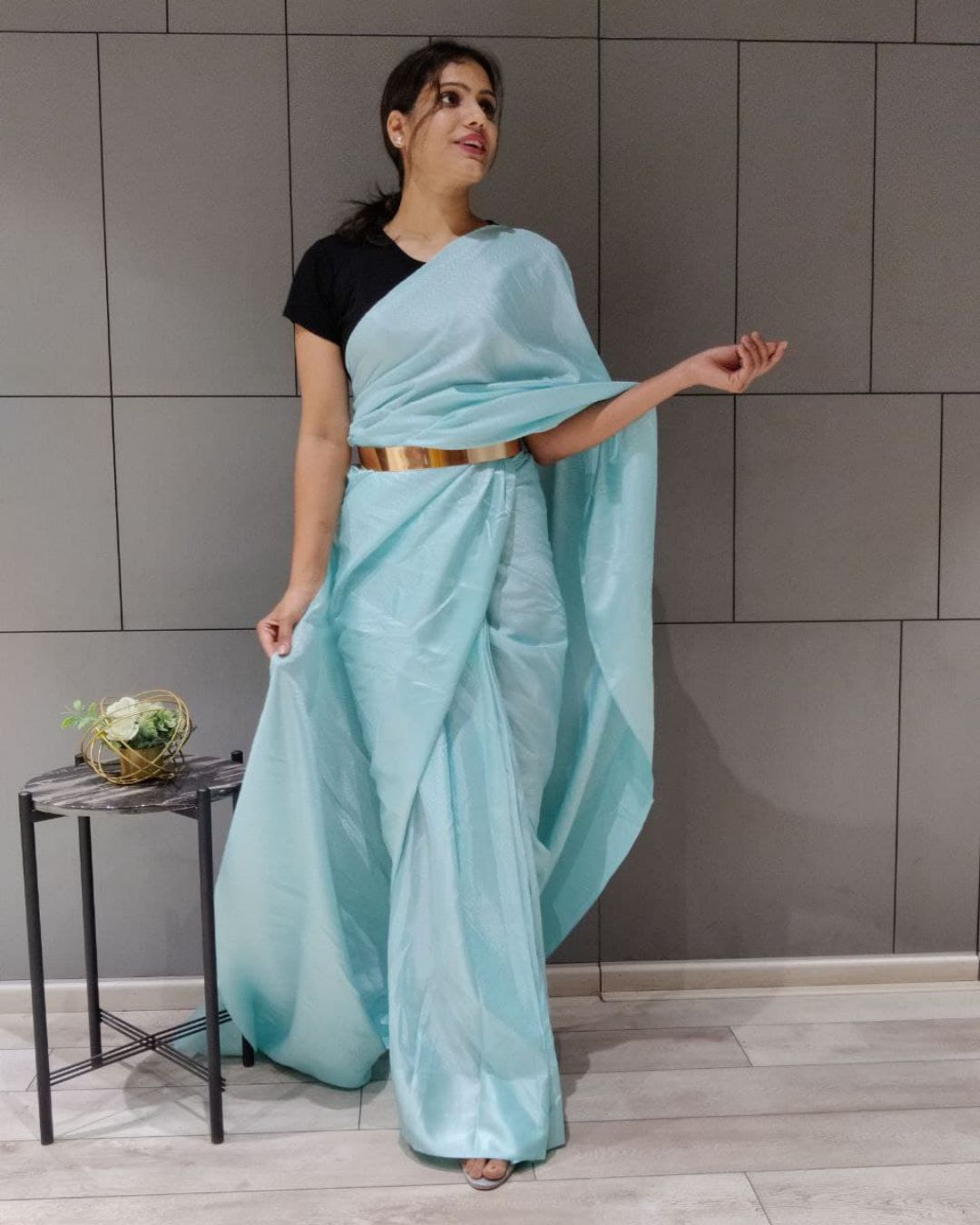 Sky Blue Color Pre Stitched Saree