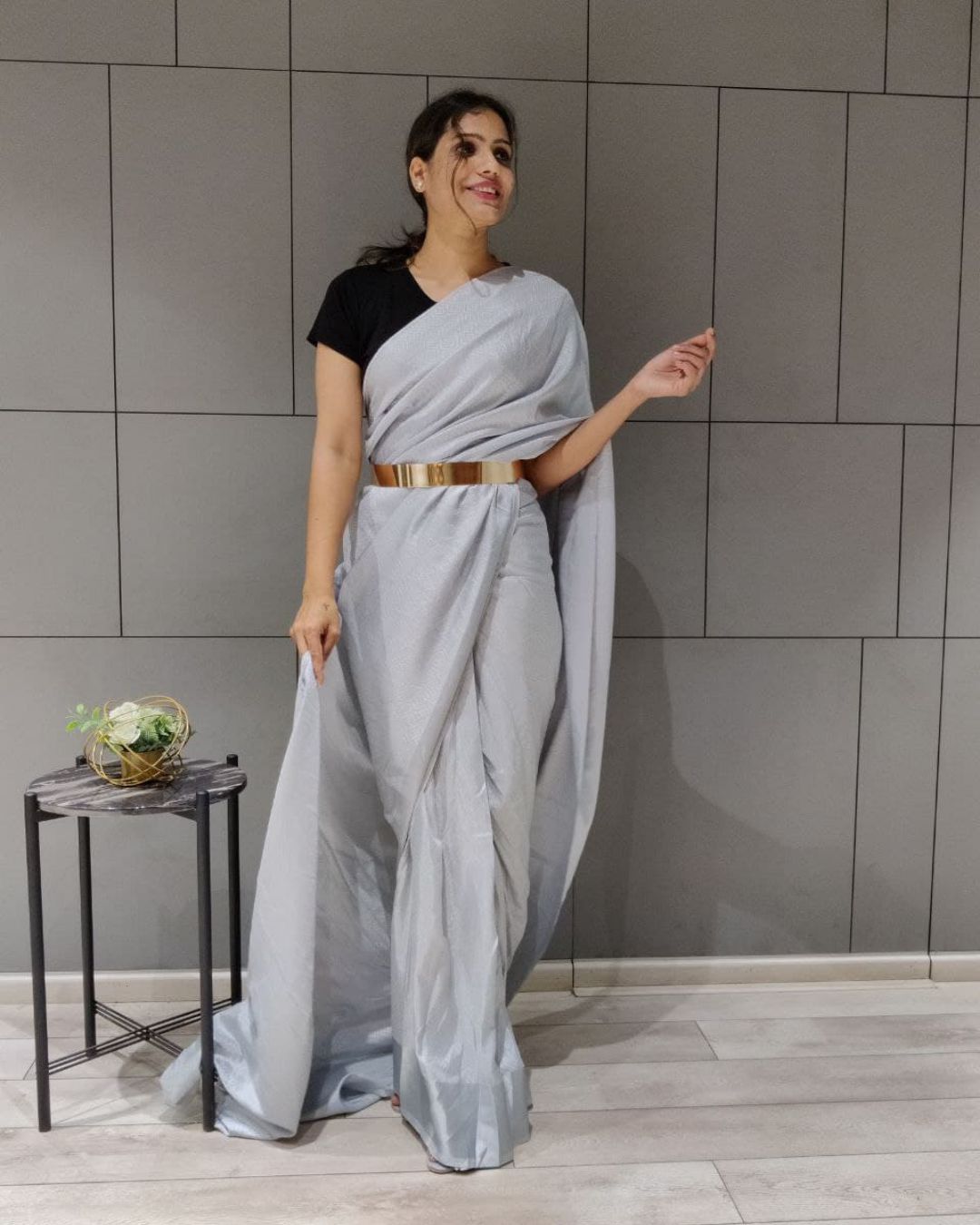 Grey Color Pre Stitched Saree