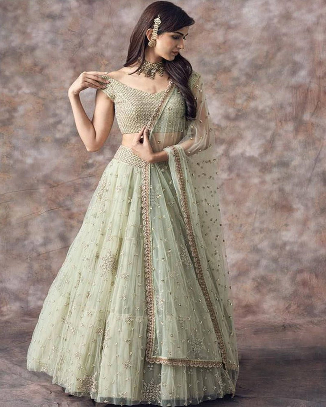 Olive Green Color Party Wear Net Base Designer Lehenga Choli