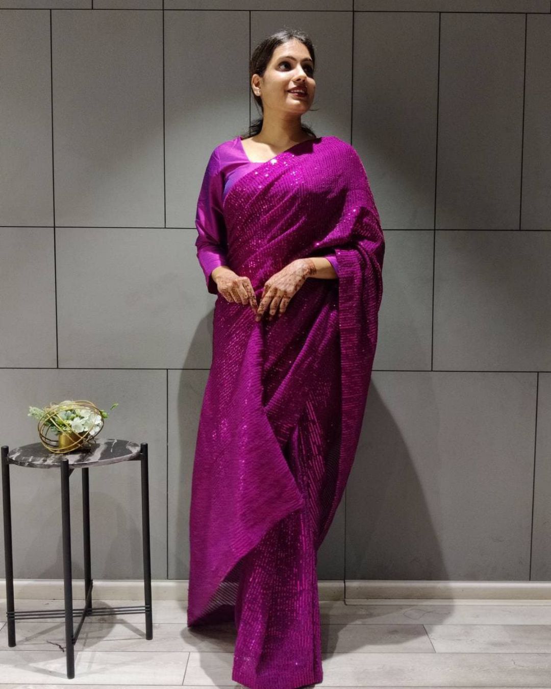 Wine Color Sequence Work Saree 