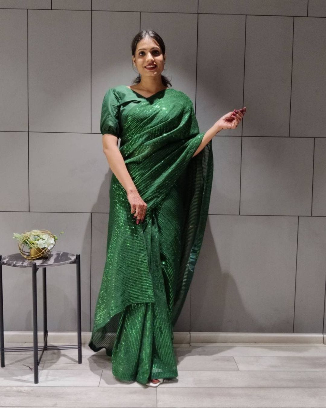 Green Color Sequence Work Saree 