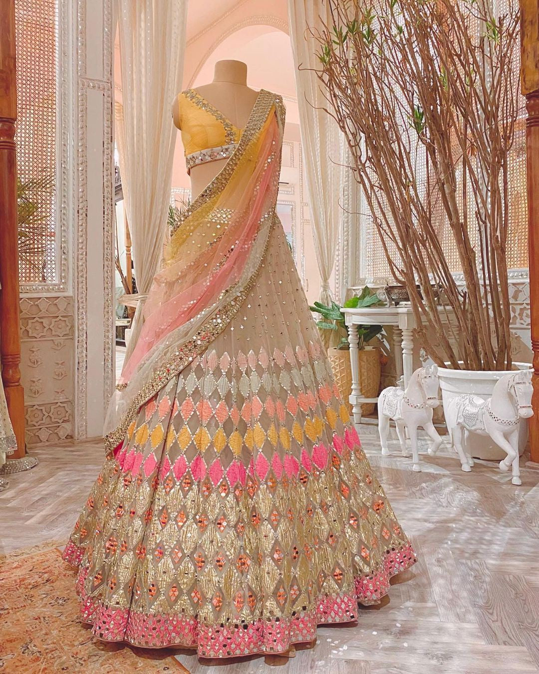  Beige Resham Foil Mirror Soft Net Lehenga Choli