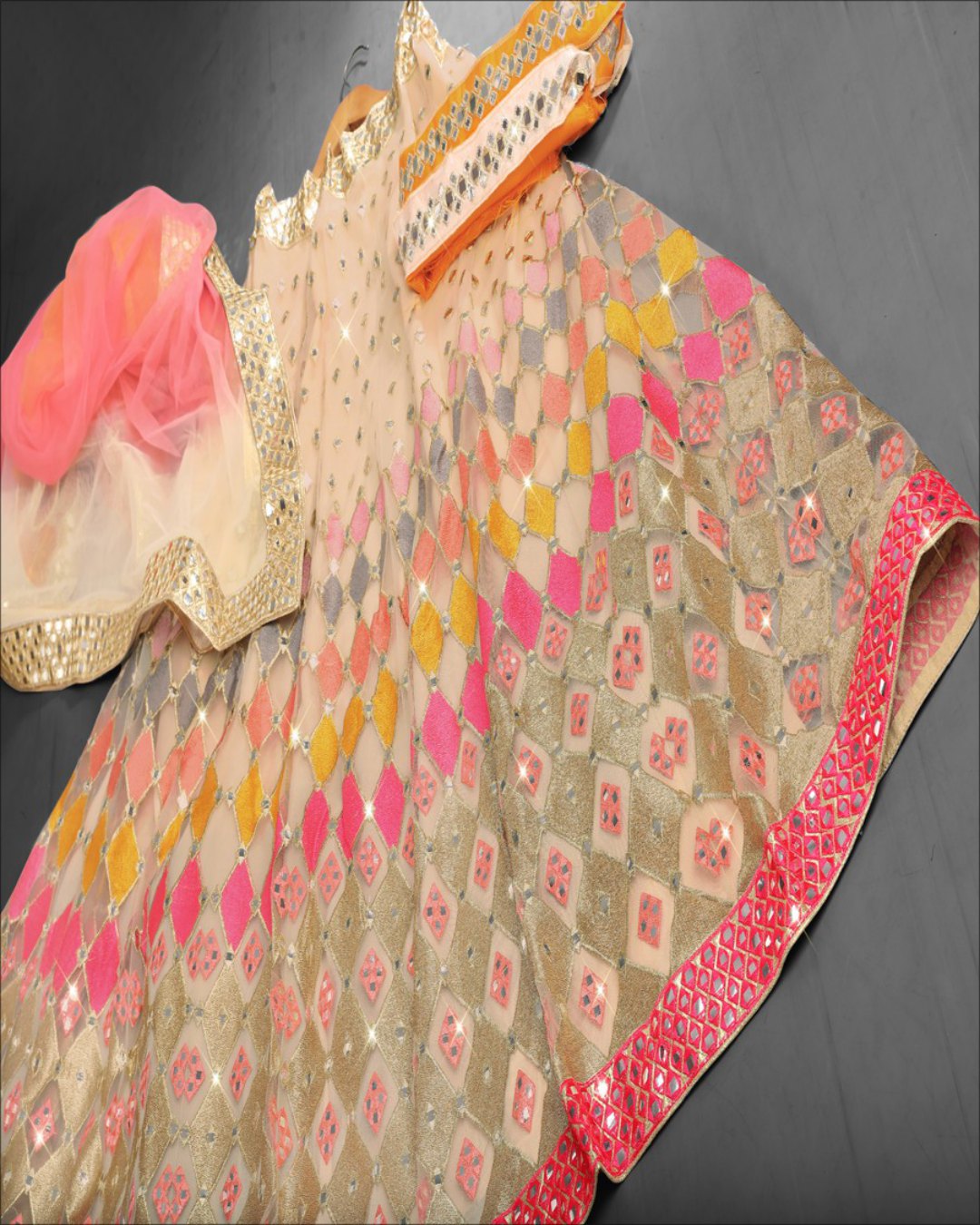  Beige Resham Foil Mirror Soft Net Lehenga Choli