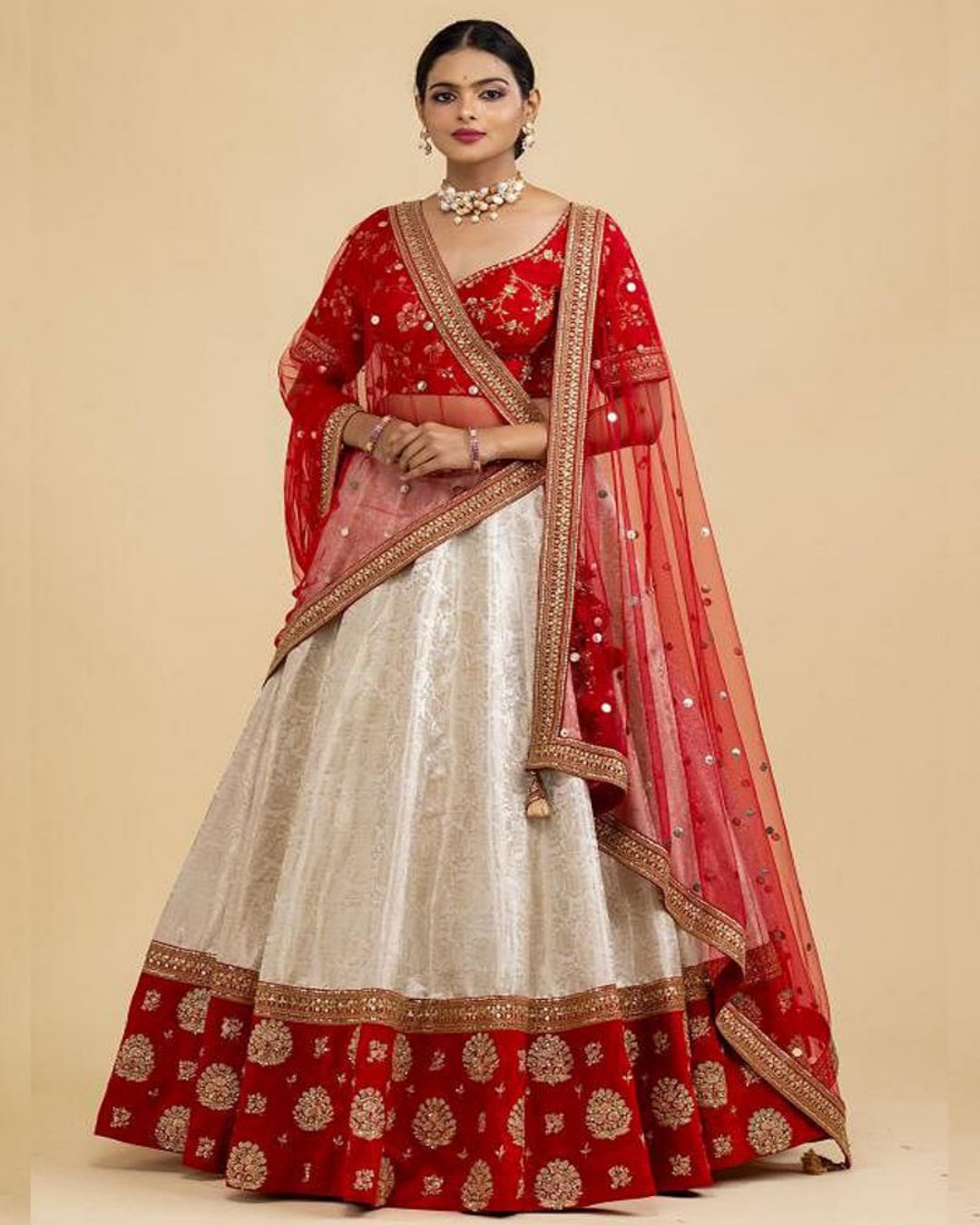 White Resham Print Art Silk Flared Lehenga Choli