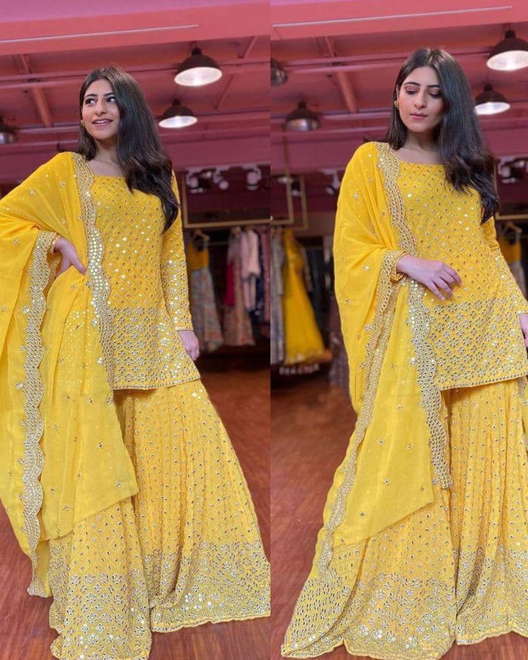 Yellow Color Sequence Work Sharara Suit