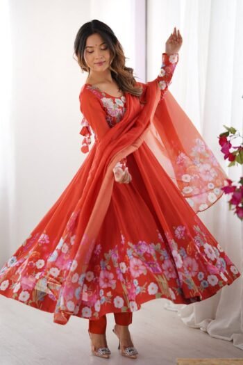 Orange Floral Print Organza Three Piece Anarkali Suit
