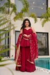 Radiant Red Organza Palazzo Suit  Elegant Festive Ensemble with Graceful Flair