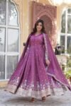 Onion Color Embroidered Viscose Cosmos Gown With Dupatta