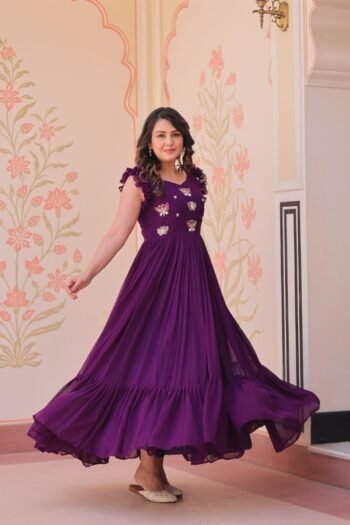 Purple Color Faux Blooming Embroidered work Gown