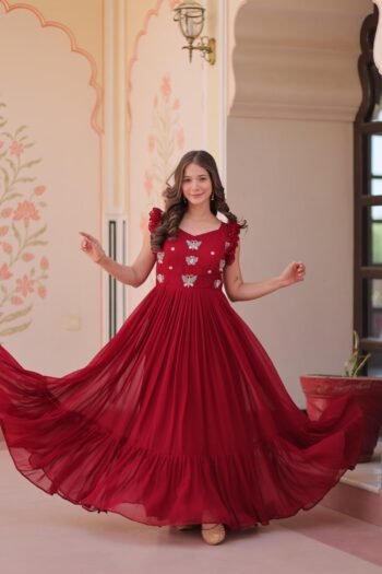 Maroon Color Faux Blooming Embroidered work Gown