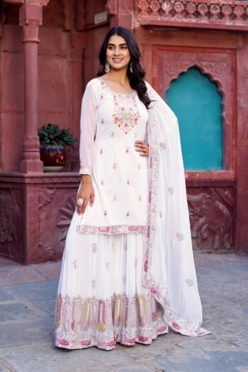 White Sharara Suit  Elegant Ethnic Wear with Graceful Flair & Subtle Embroidery