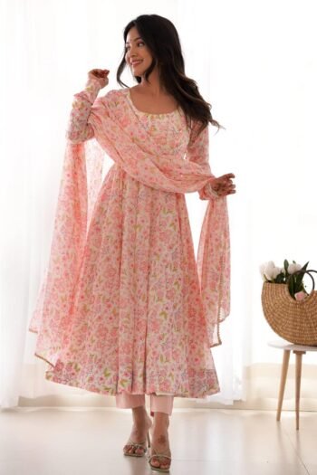 Pink Floral Anarkali  Graceful Blooms with Elegant Flow & Festive Charm