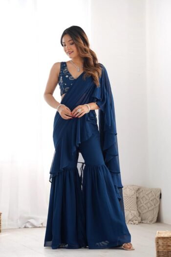Tealblue Color Faux Georgette Fancy Sharara Saree