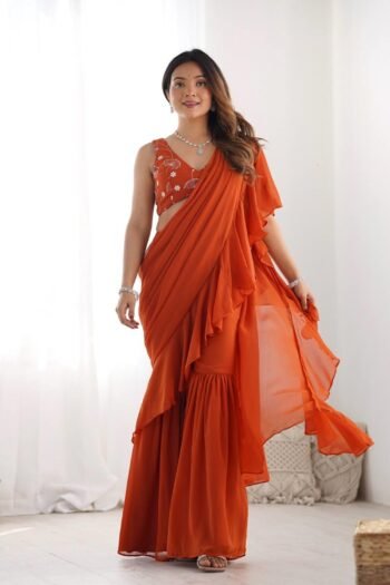 Rust Color Faux Georgette Fancy Sharara Saree