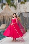 Rani Pink Roman Silk Chanderi Anarkali  Regal Shine with Elegant Traditional Flair