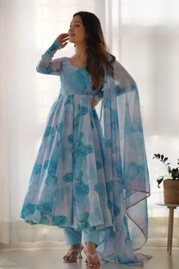 Marble Print Organza Anarkali  Sheer Elegance with Artistic Flair & Flowing Silhouette