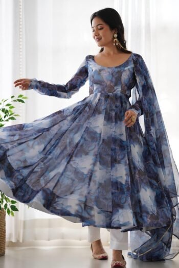 Navy Blue Color Pure Soft Organza Three Piece Anarkali Suit