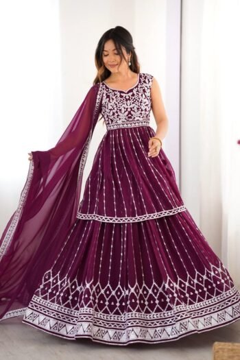 Maroon Sharara Set Bright Festive Wear with Elegant Embroidery & Flared Silhouette