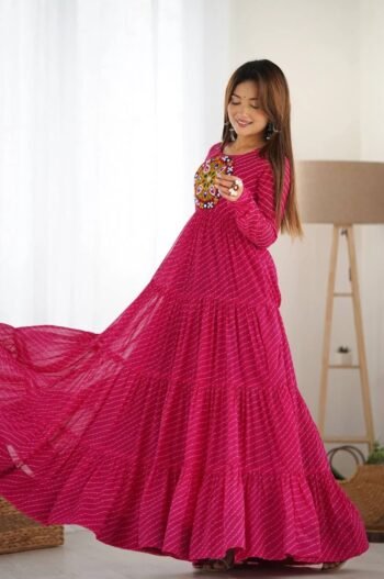 Pink Leheriya Print Navratri Gown by DhingliMatching