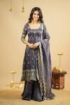 SAAKSHI`S GREY COSMO SILK ANARKALI SUIT WITH SKIRT