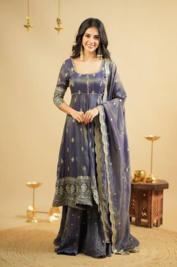 SAAKSHI`S GREY COSMO SILK ANARKALI SUIT WITH SKIRT