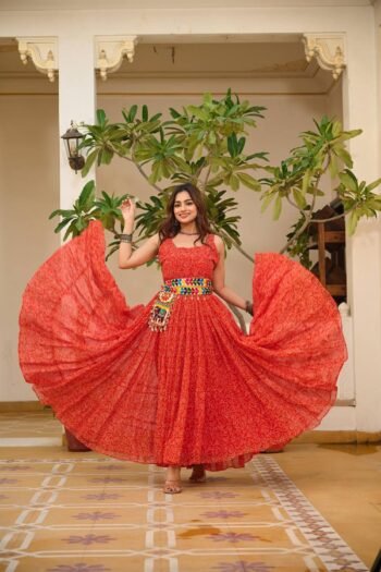 Red Navratri Gamthi Work Gown