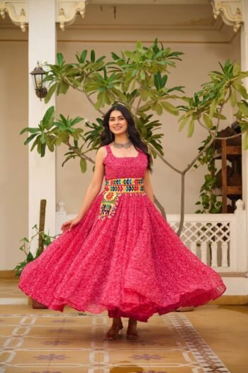 Pink Navratri Gamthi Work Gown