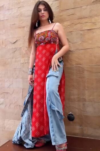 Red Navratri Real Mirror Work Kurti