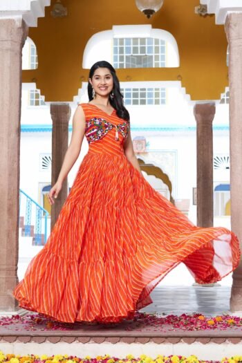 Orange Navratri Gamthi Work Gown