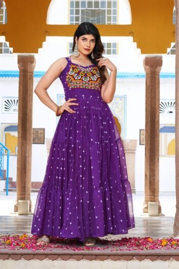 Purple Navratri Gamthi Work Gown