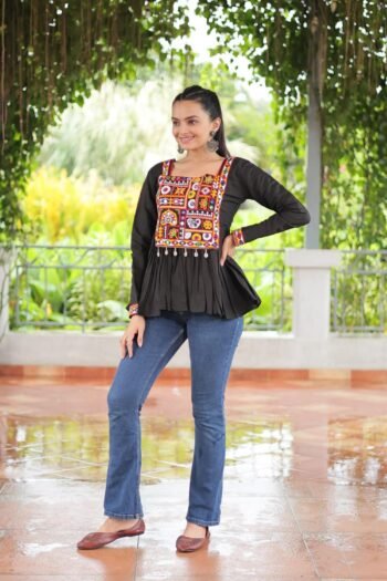 Black Roman Silk Gamthi Work Navaratri Kediya