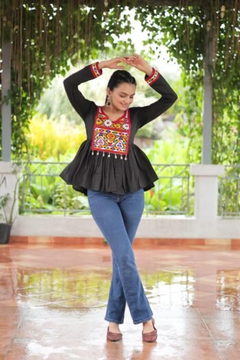 Black Roman Silk Gamthi Work Navaratri Kediya