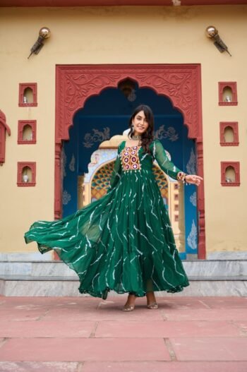 Green Color Georgette Laheriya Print Navratri Gown