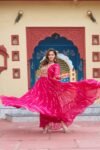 Rani Pink Color Georgette Laheriya Print Navratri Gown