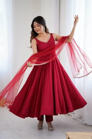 Maroon Color Chanderi Pure Roman Silk Anarkali Suit