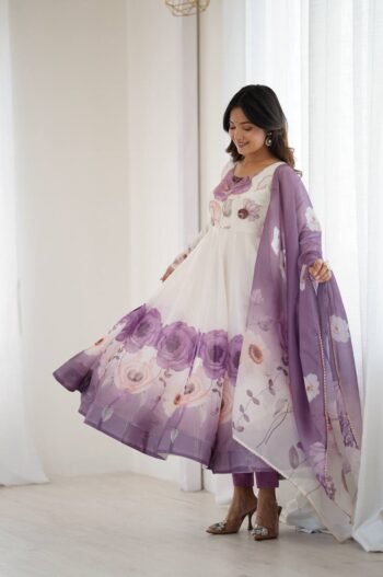 Violet Color Floral Pure Soft Tebby Organza  Anarkali Suit