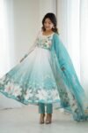 Aqua Blue Floral Print Organza  Anarkali Suit