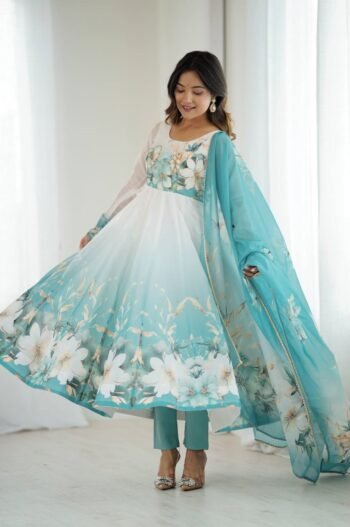 Aqua Blue Floral Print Organza  Anarkali Suit