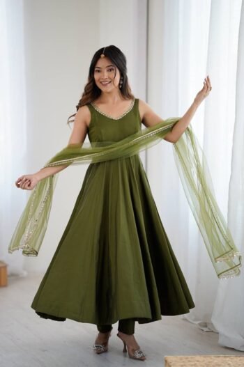 Mehndi Color Chanderi Pure Roman Silk Anarkali Suit