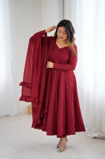 Maroon Color Georgette Lucknowi Three Piece Anarkali Suit