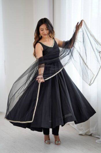 Black Color Chanderi Pure Roman Silk Anarkali Suit