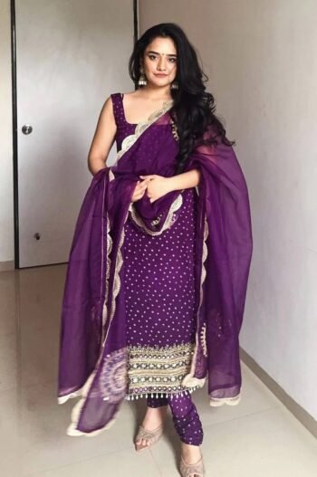 Designer Purple Bandhej & Mirror Work Kurti Set