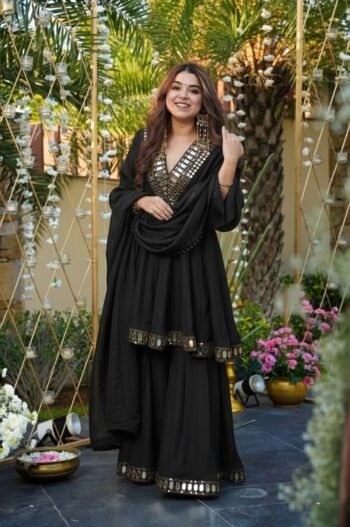 Aliya Cut Black Kediya Style Real Mirror Work Plazzo Set